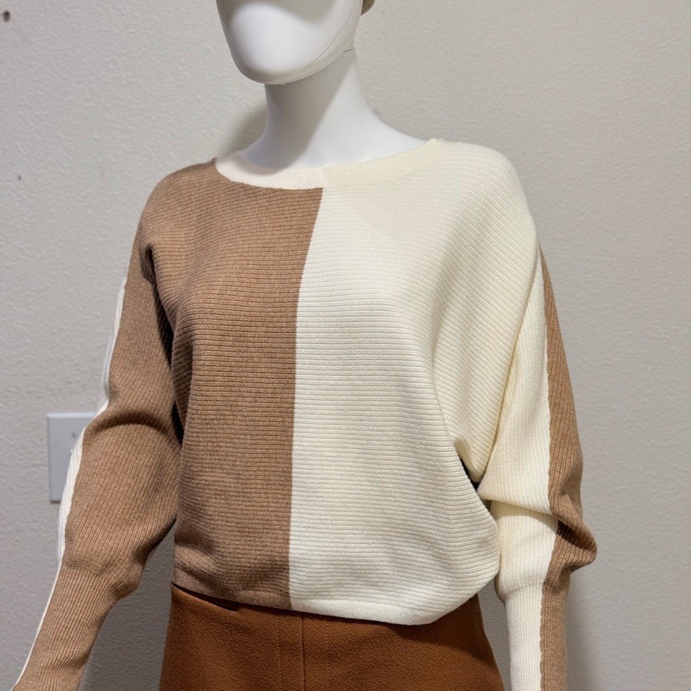 Cyrus Colorblock Crew Neck Sweater in Cream and Brown